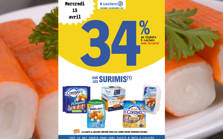 34% en ticket E.Leclerc sur les surimis ce mercredi 15 avril;