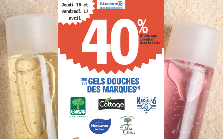 40% en remise immédiate sur les gels douches des marques L'arbre vert/ Cottage/ Le petit Marseillais/ Mon savon/ Le Petit Olivier du jeudi 16 au vendredi 17 avril