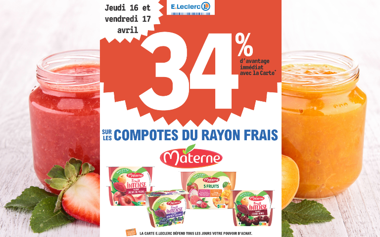 34% en remise immédiate sur les compotes Materne du rayon frais du jeudi 16 au vendredi 17 avril