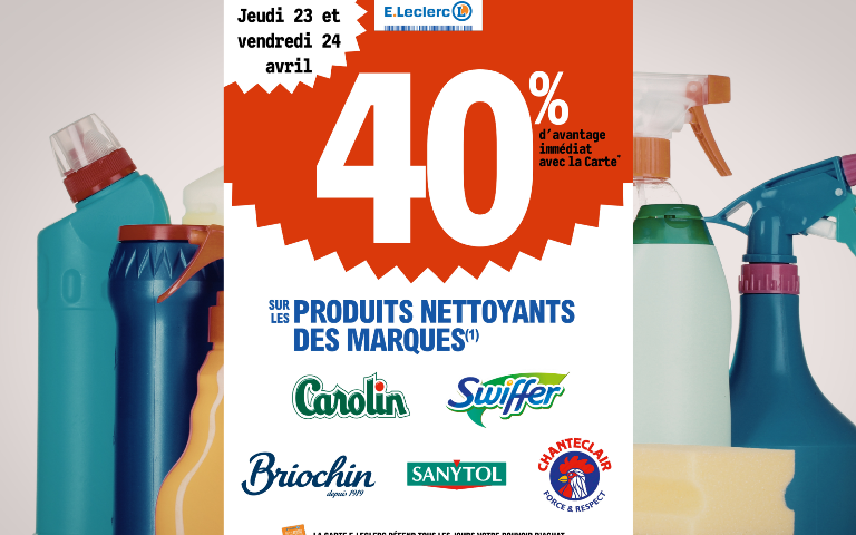 40% en remise immédiate sur les produits nettoyants de smarques Carolin, Swiffer, Briochin, Sanytol et Chanteclair du jeud 23 au vendredi 24 avril 2026
