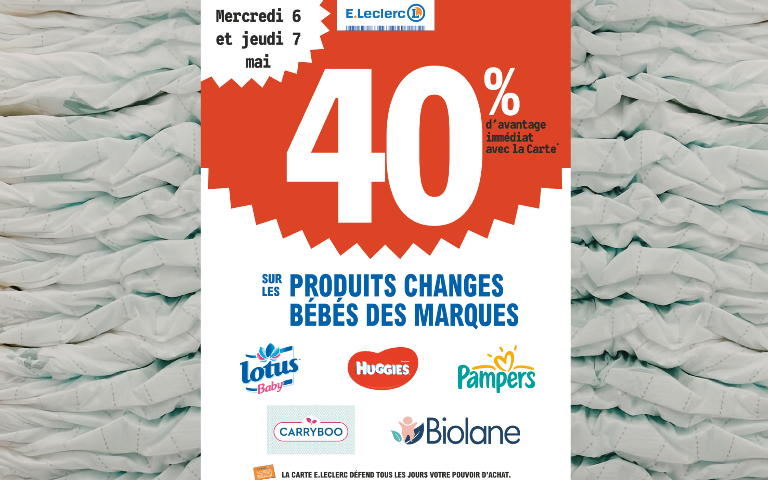40% en remise immédiate sur une selection de change bébé du mercredi 7 au jeudi 8 mai