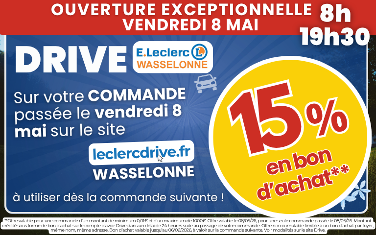 Vendredi 8 mai : 15% en bon d'achat sur votre commande Drive du jour*