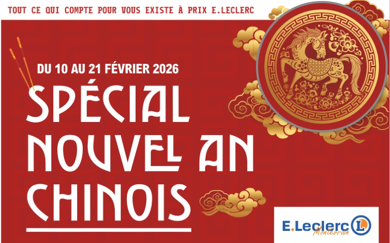 Affiche publicitaire E.Leclerc sur fond rouge intitulée "Spécial Nouvel An Chinois". Elle annonce une promotion du 10 au 21 février 2026. L'image est décorée de motifs dorés, de baguettes et d'un médaillon illustrant un cheval. Le logo E.Leclerc Montevrain est visible en bas à droite.