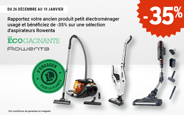 Du 26 décembre au 10 janvier, rapportez votre ancien produit petit électroménager usagé et bénéficiez de -35% sur une sélection d'aspirateurs Rowenta.