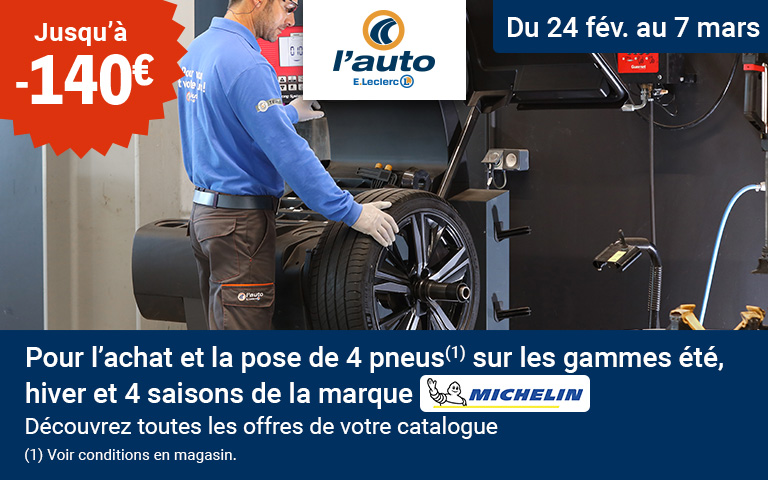 Du 24 février au 7 mars, jusqu'à -140€ de réduction pour l'achat et la pose de 4 pneus sur les gammes été, hiver et 4 saisons de la marque Michelin.