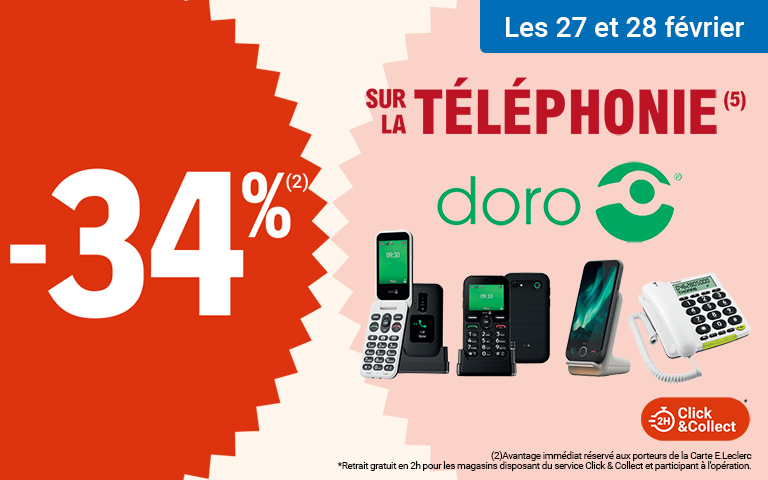 Marque star les 27 et 28 février : -34% de réduction immédiate sur la téléphonie Doro. Disponible en click and collect.