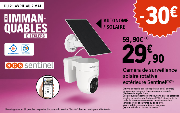 Remise de 30€ sur la caméra de surveillance solaire rotative extérieure "Sentinel", à 29,90€. Offre valable du 21 Avril au 2 Mai. Garantie légale 2 ans. Retrait gratuit en 2h pour les magasins disposant du service Click & Collect et participant à l'opération.