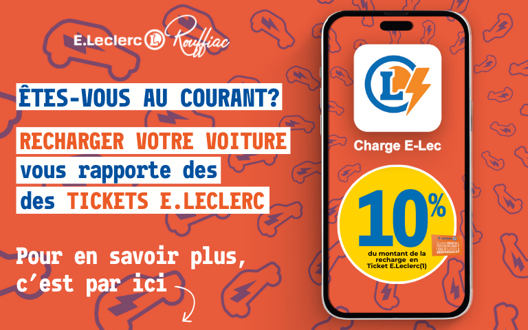 Chare E-Lec, appli E.Leclerc. Rechargez votre voiture sur l'une de nos bornes de recharge et profitez de 10% du montant de la charge en tickets E.Leclerc. Offre réservée aux porteurs de la carte de fidélité.