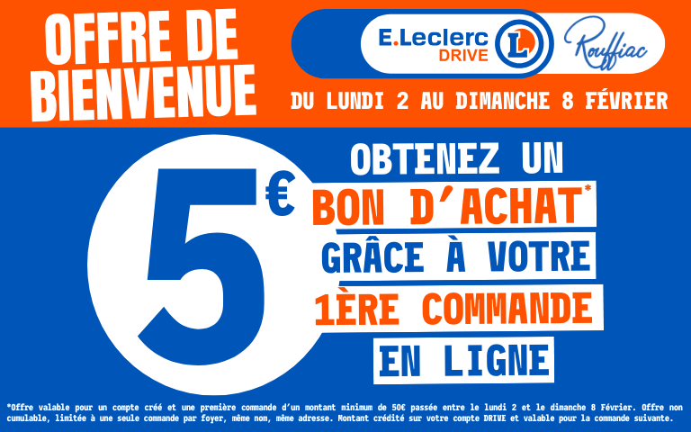 *Offre valable pour un compte créé et une première commande d’un montant minimum de 50€ passée entre le lundi 2 et le dimanche 8 Février. Offre non cumulable, limitée à une seule commande par foyer, même nom, même adresse. Montant crédité sur votre compte DRIVE et valable pour la commande suivante.