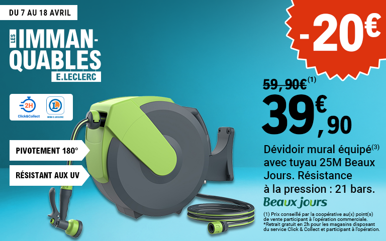 Dévidoir mural avec tuyau 25M. Marque beaux jours. Prix : 59.90€ - 20€ de réduction immédiate soit 39.90€. Offre valable du 07/04 au 18/04.