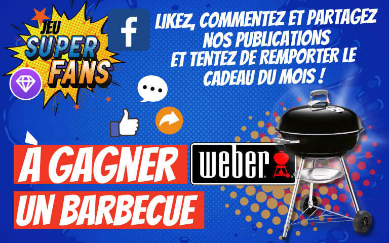 Suivez nous sur les réseaux sociaux et tentez de gagner un barbecue Weber 57 cm. Jeu du 6/03 au 24/03 sur notre page Facebook. 