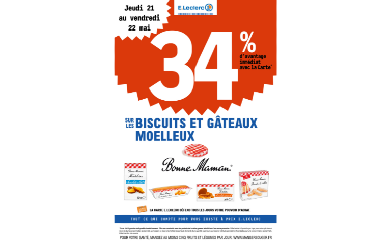34% DE REMISE IMMEDIATE SUR LES BISCUITS ET MOELLEUX BONNE MAMAN DU 21 AU 22/05