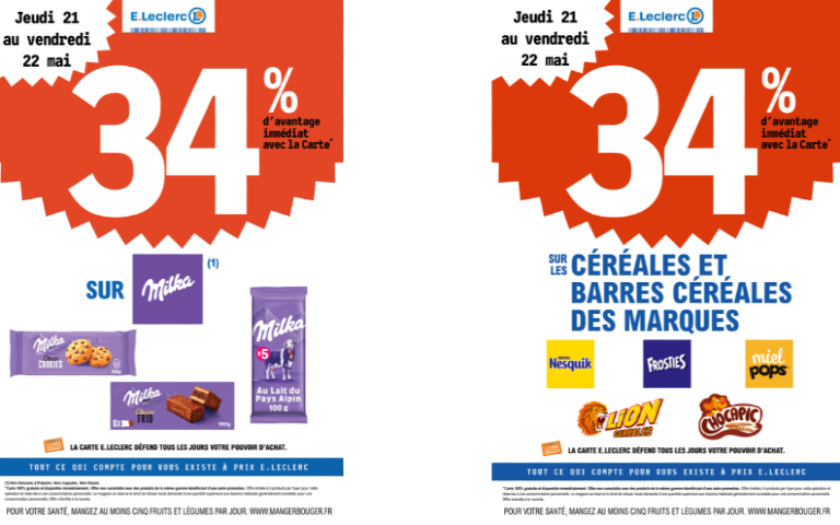 34% DE REMISE IMMEDIATE SUR MILKA ET SUR UNE SELECTION DES MARQUES DE CEREALES ET BARRES DU 21 AU 22/05