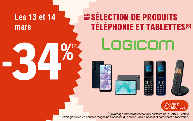 Du vendredi 13 au samedi 14 mars 2026, profitez de 34 % d'avantage immédiat avec la Carte sur la téléphonie et tablettes Logicom.