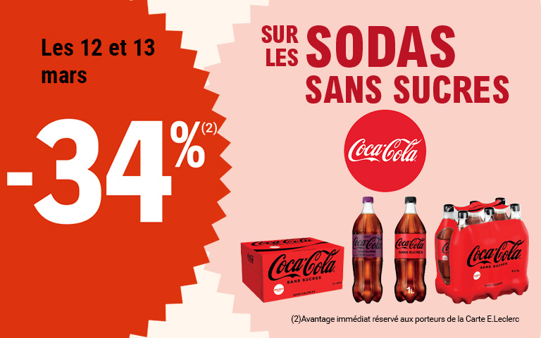 Du jeudi 12 au vendredi 13 mars 2026, profitez de 34 % d'avantage immédiat avec la Carte sur les sodas sans sucres Coca-Cola.