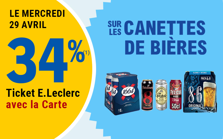 Le mercredi 29 avril, 34 pourcent en Ticket E.Leclerc sur la Carte sur les canettes de bières. Cliquez pour les mentions légales.