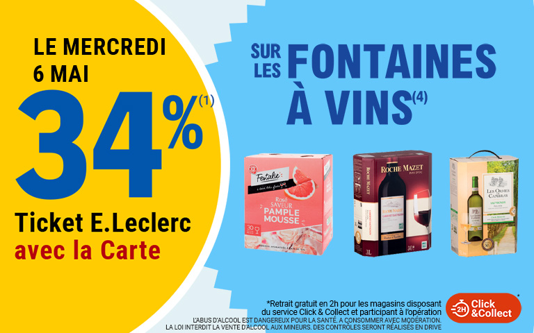 Le 6 mai, moins 34 pourcent de réduction immédiate sur les fontaines à vin. L'abus d'alcool est dangereux pour la santé, à consommer avec modération. Avantage réservé aux porteurs de carte