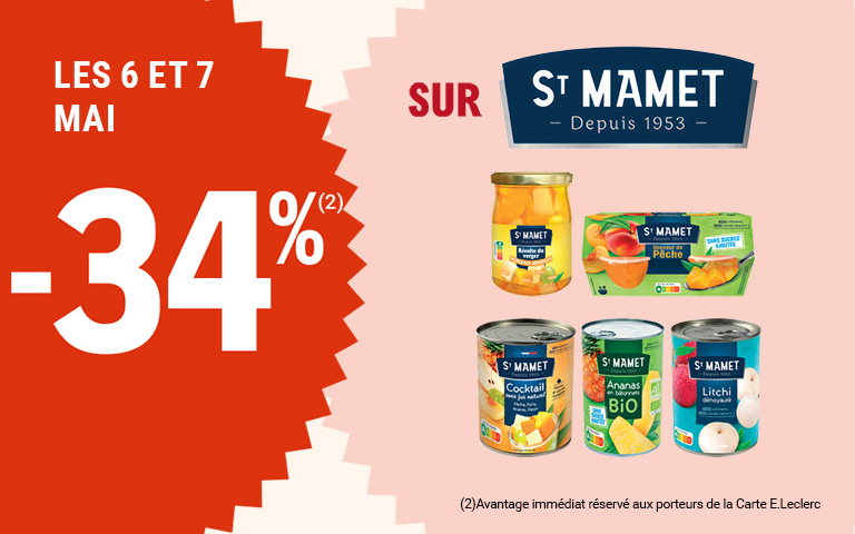Les 6 et 7 mai, moins 34 pourcent de réduction immédiate sur St Mamet. Avantage réservé aux porteurs de carte