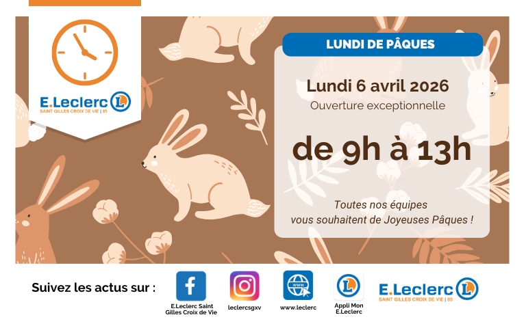 horaires Pâques : votre hypermarché sera ouvert de 9h à 13h le lundi de Pâques. Toutes nos équipes vous souhaitent de Joyeuses Pâques !