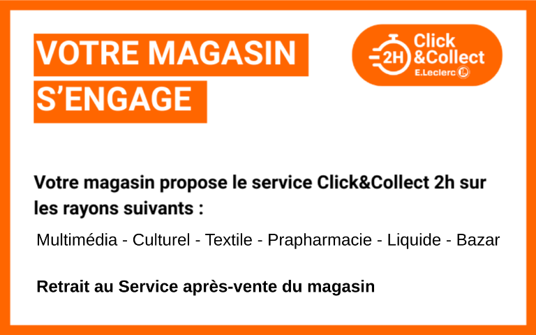 Retrouvez le Click & Collect de votre magasin, un service disponible en retrait sous 2h dans votre Service après-Vente.