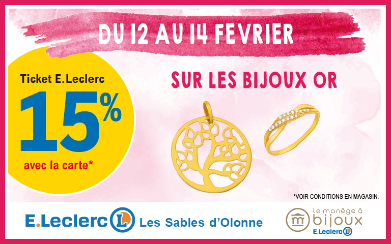 Du 12 au 14 février : 15% en ticket e.leclerc avec la carte sur les bijoux or au manège à bijoux.