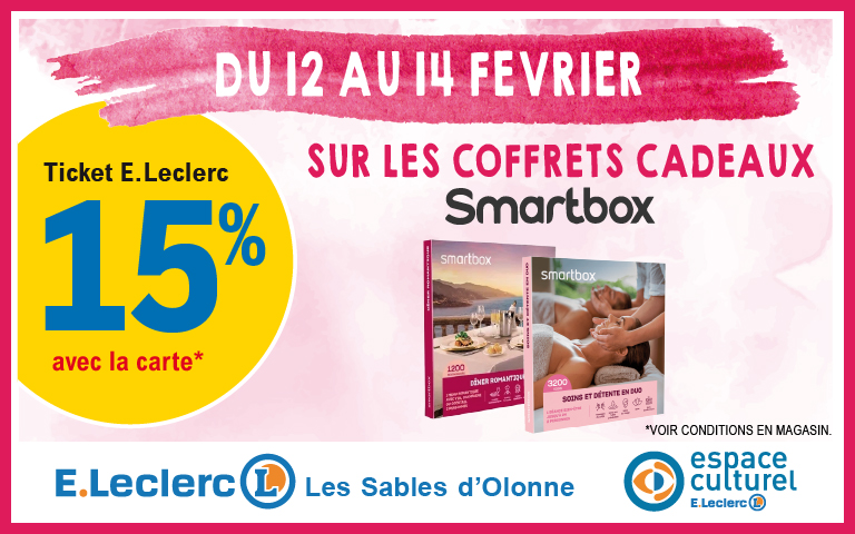 du 12 au 14 février : 15% en ticket e.leclerc avec la carte sur les coffrets smartbox à l'espace culturel.