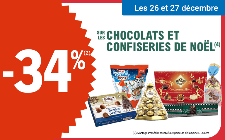 Profitez de -34% en Ticket E.Leclerc sur une large sélection de chocolats et confiseries de Noël 🍫🎁 Une belle occasion de se faire plaisir… ou de prolonger la magie des fêtes.  📅 Les 26 et 27 décembre 🎟️ Offre réservée aux porteurs de la Carte E.Leclerc, dans la limite des stocks disponibles.