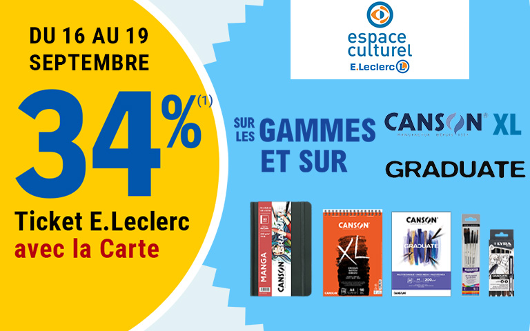 Du 16 au 19 septembre, 34 pourcent en Ticket E.Leclerc sur la Carte, sur les gammes Canson XL et sur Graduate. Cliquez pour les mentions légales