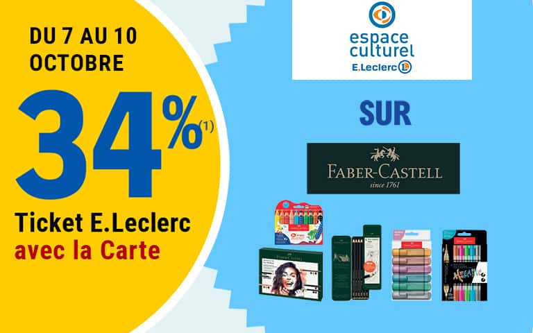 Du 7 au 10 octobre, 34 pourcent en Ticket E.Leclerc avec la Carte, sur Faber-Castell en espace culturel E.Leclerc. Cliquez pour les mentions légales