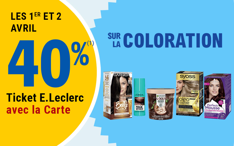 Les 1er et 2 avril, 40 pour cent en Ticket E.Leclerc sur la Carte sur la coloration. Cliquez pour les mentions légales