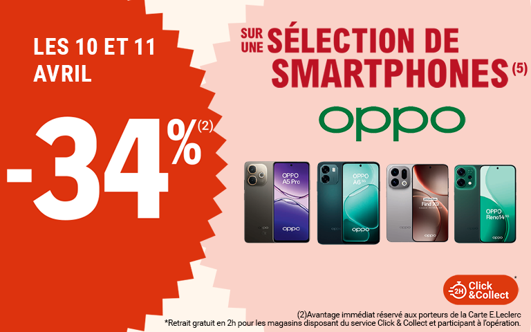 Les 10 et 11 avril, moins 34 pourcent de réduction immédiate sur une sélection de smartphones Oppo, disponible en Click & Collect sur le site ou sur l'appli. Avantage réservé aux porteurs de carte.