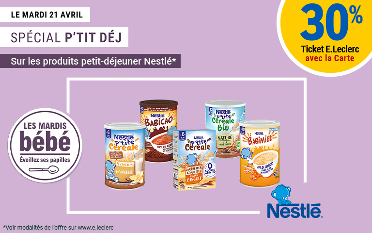 Le mardi 28 avril, 30 pourcent en Ticket E.Leclerc sur la Carte sur les produits petit-déjeuner Blédina.