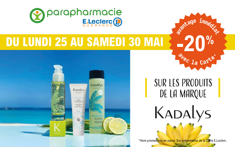 Du lundi 25 mai au samedi 30 mai, profitez d’une offre exclusive dans votre Parapharmacie E.Leclerc Guérande !  Bénéficiez de -20% de réduction immédiate sur la marque KADALYS, experte en cosmétique naturelle à base de bananes bio, issues de l’upcycling.*