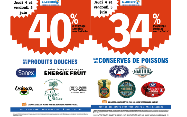 40% DE REMISE IMMEDIATE SUR UNE SELECTION DE PRODUITS DOUCHES ET SUR LES CONSERVES DE LEGUMES DU 4 AU 5/06