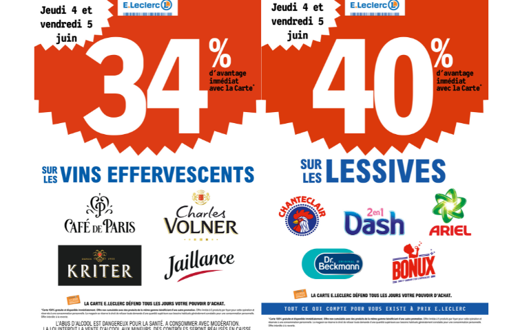 34% DE REMISE IMMEDIATE SUR SUR SELECTION DE VINS EFFEVESCENTS ET 40% DE REMISE IMMEDIATE SUR UNE SELECTION DES MARQUES DE LESSIVES DU 4 AU 5/06