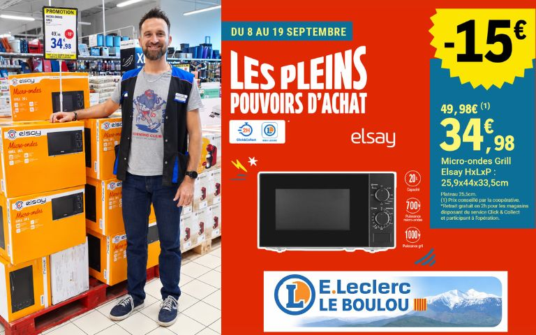C'est la rentrée et votre portefeuille mérite ce qu'il y a de mieux ! Jusqu'au 19 septembre, profitez d'une remise immédiate de 15 € sur le micro-ondes Grill Elsay 20 L : il passe à seulement 34,98 € au lieu de 49,98 € !