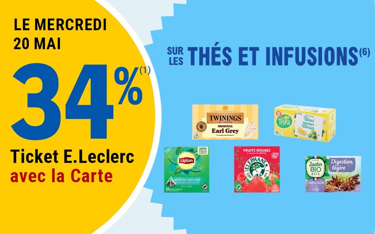 Le mercredi 20 mai, 34 pourcent en Ticket E.Leclerc sur la Carte sur les thés et infusions des marques Twinings, Tisea, Lipton, Elephant et Jardin Bio étic. Cliquez pour les mentions légales.