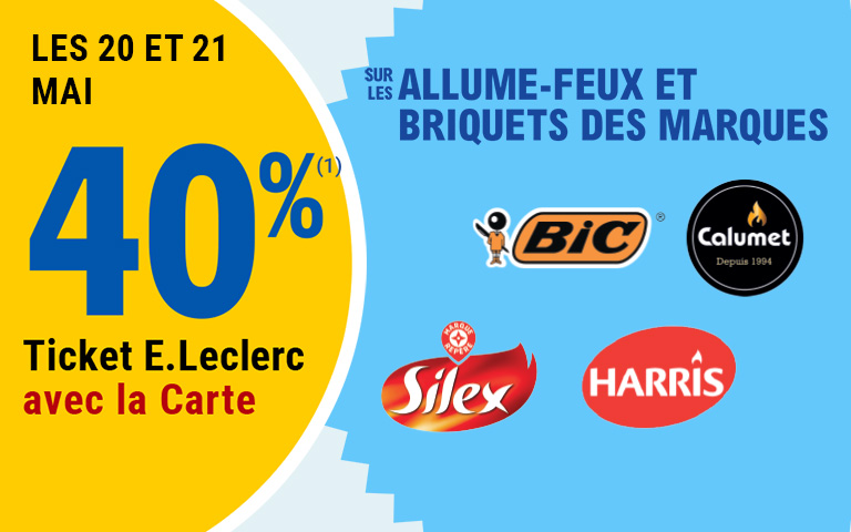 Les 20 et 21 mai, 40 pourcent en Ticket E.Leclerc sur la Carte sur les allume-feux et briquets des marques Bic, Calumet, Silex et Harris. Cliquez pour les mentions légales