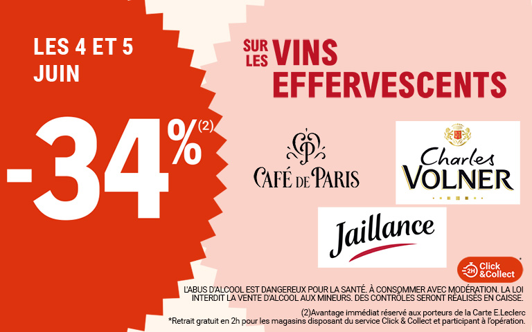 Les 4 et 5 juin, moins 34 pourcent de réduction immédiate sur les vins effervescents, disponible en Click & Collect sur le site ou sur l'appli. Avantage réservé aux porteurs de carte. L'abus d'alcool est dangereux pour la santé.