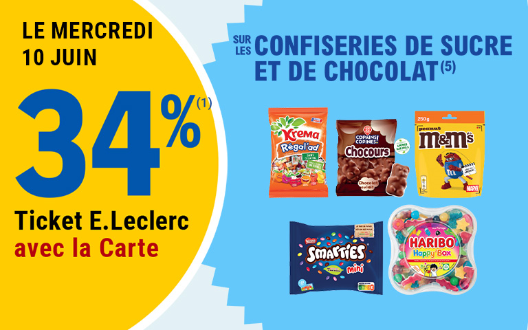 Le mercredi 10 juin, 34 pourcent en Ticket E.Leclerc sur la Carte sur les confiseries de sucre et de chocolat. Cliquez pour les mentions légales