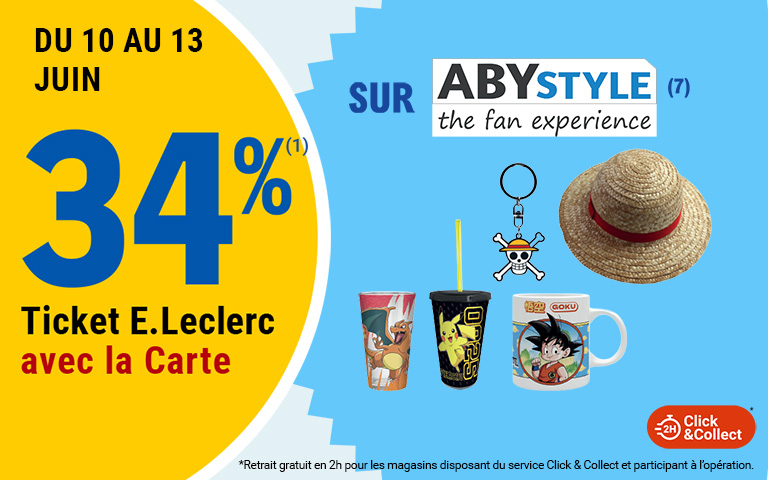 Du 10 au 13 juin, 34 pourcent en Ticket E.Leclerc sur la Carte sur Abystyle the fan experience,disponible en Click & Collect sur le site ou sur l'appli. Cliquez pour les mentions légales