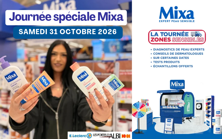 Samedi 31 octobre 2026, journée spéciale Mixa. Diagnostics de peau experts, conseils de dermatologues, tests produits et échantillons offerts