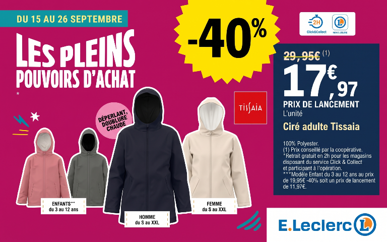 Promotion E.Leclerc -40% : Ciré adulte Tissaia déperlant avec doublure chaude à 17,97 € au lieu de 29,95 €