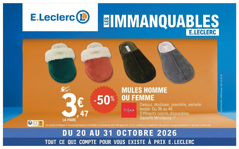Mules homme ou femme du 36 au 46 à 6.95€ -50% 3.47€ jusqu'au 31 octobre 2026.