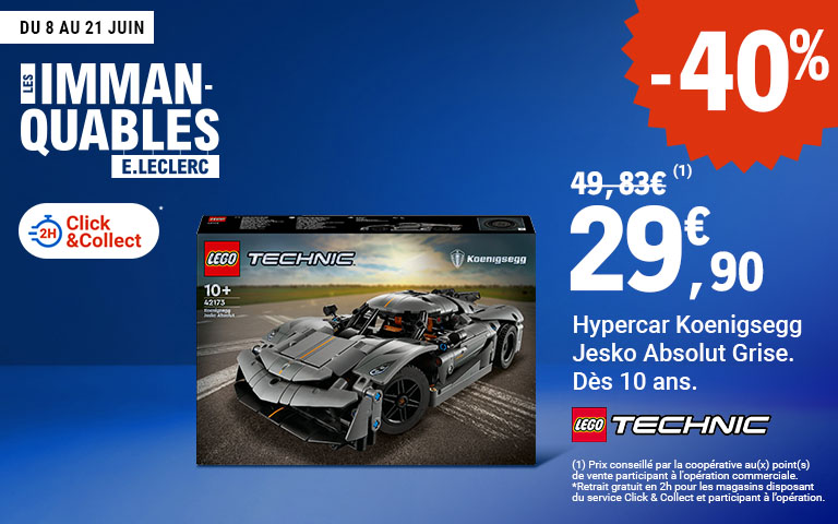 Du 8 au 21 juin, moins 40 pourcent de réduction immédiate sur l'Hypercar Koenigsegg Jesko Absolut Grise, disponible en Click & Collect sur le site ou sur l'appli. 