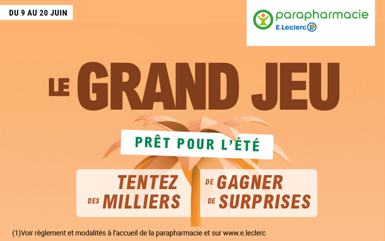Venez profiter du grand jeu de l'été dans la parapharmacie. Jeu sur borne uniquement en magasin. Voir conditions de participation en magasin. Du 9 au 20 juin 2026