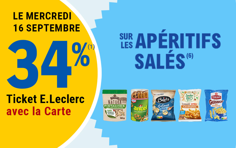 Le mercredi 16 septembre, 34 pourcent en Ticket E.Leclerc sur la Carte, sur les apéritifs salés des marques Tramier, Ancel, Brets, Jardin Bio et Tokapi. Cliquez pour les mentions légales