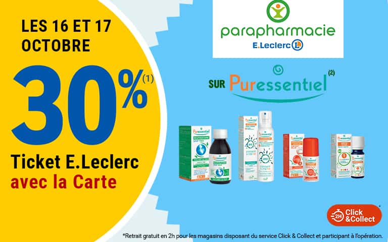 Les 16 et 17 octobre, 30 pourcent en Ticket E.Leclerc sur la Carte, sur Puressentiel en parapharmacie E.Leclerc, disponible en Click & Collect sur le site ou sur l'appli. Cliquez pour les mentions légales.