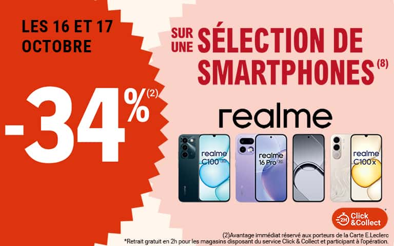 Les 16 et 17 octobre, moins 34 pourcent de réduction immédiate, sur une sélection de smartphones realme, disponible en Click & Collect sur le site ou sur l'appli. Avantage réservé aux porteurs de carte.