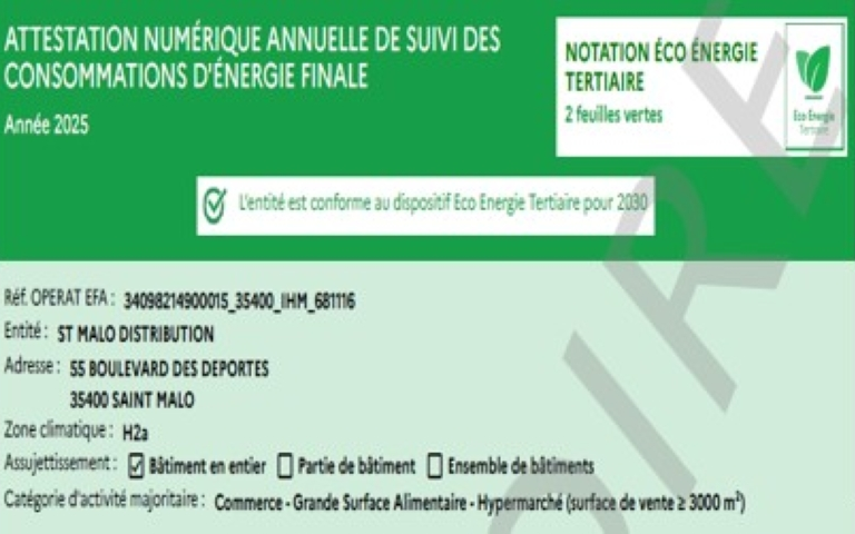 attestation provisoire de l'Observatoire de la Performance Énergétique de la Rénovation et des Actions du Tertiaire (OPERAT) pour l'année 2025. Elle concerne le suivi des consommations d'énergie finale dans le cadre du dispositif Éco Énergie Tertiaire.